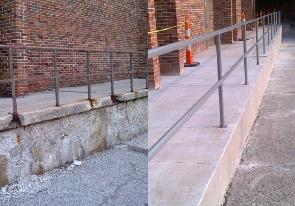 Before and after views of a ramp against a brick wall. On the left, an old, deteriorated ramp with a rusted metal handrail; on the right, the ramp has been replaced with new concrete and a sturdy metal handrail, with orange cones indicating recent construction work.